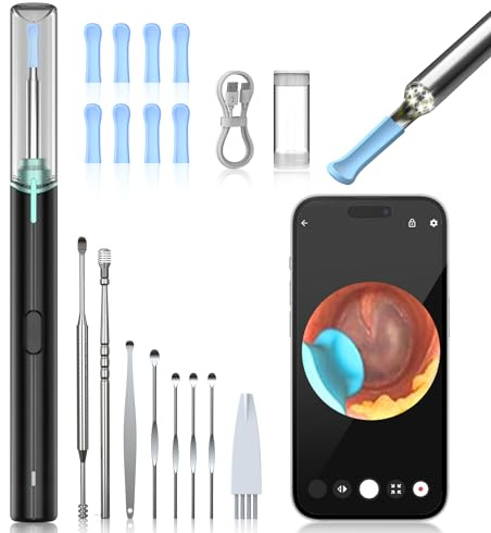 Pulizia Orecchie Otoscopio 1920P WiFi 6 LED Pulitore IP67 iOS/Android | Otoscopio 1920P HD WiFi con 6 LED. Pulitore orecchie con 10 punte, Pulizia orecchie adulti, anziani e animali