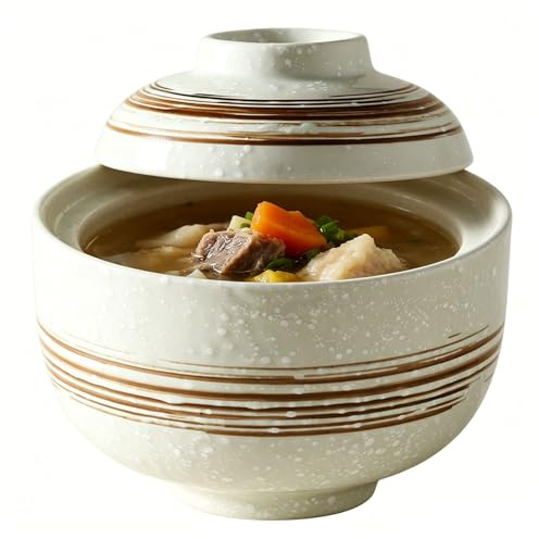 Vaso di terracotta in ceramica con coperchio, zuppiera versatile, ciotole for zuppa di vapore in porcellana cinese for budino all'uovo, porridge di noodle(White)