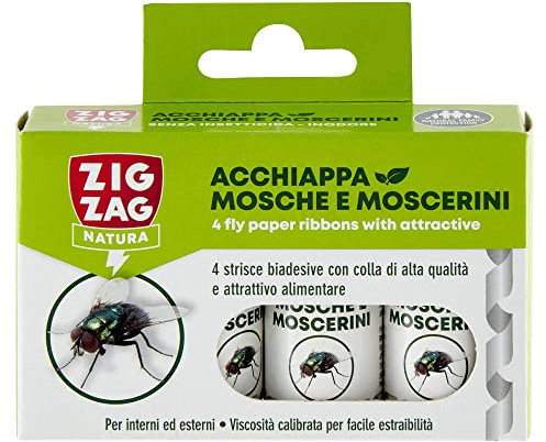 Zig Zag, L'Acchiappamosche Strisce Moschicida, striscia biadesiva con colla di alta qualità e super attrattivo alimentare, contiene 4 strisce