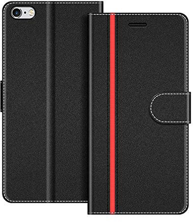 COODIO iPhone 6/6S Hülle Leder, Klapphülle mit Magnetverschluss, Kartenfächer, Standfunktion, Schwarz/Rot