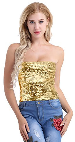 iEFiEL Damen Pailletten Crop Top verziert Sparkle Trägerlos Shirt Weste Tube Tops Bandeau-Top Glitzer T-Shirts Gold Einheitsgröße