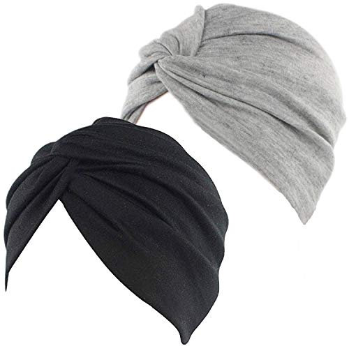 2 Stück Beanie Mütze Turban Damen Aus Baumwolle Elastisches Printed Schlafmütze Turban Kappe Hut Kopftuch für Chemo Haarverlust Krebs Cancer Haarausfall Muslim (Schwarz+Grau)