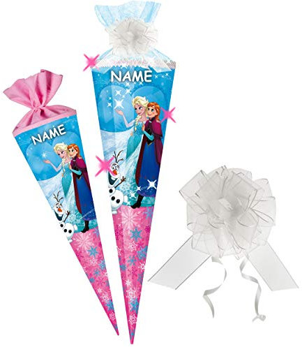 Schultüte - die Eiskönigin - Frozen - 100 cm - 12 eckig - incl. Name und Schleife - Organza Abschluß - Zuckertüte - mit/ohne Kunststoff Spitze - Nestler..