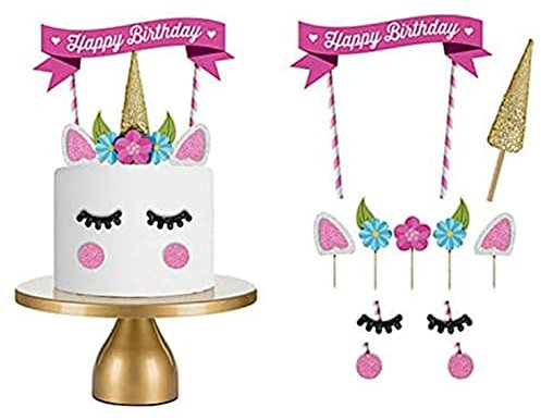 CHUANGOU Unicorn Cake Topper Happy Birthday Cake Topper Set, Pink Unicorn Theme with Eyelashes Reusable, Für Geburtstagsfeier, Hochzeit, Babyparty