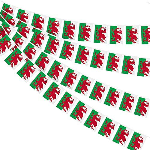 AhfuLife Wales Wimpelkette Fahnenkette Flaggenkette, 1 Stück 30 Walisisch Flaggen Beidseitig Rechteck Stoff Walisisch Wimpel Girlande für Euro Fußball Eurovision Party Bar Deko