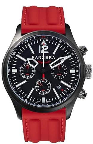 Panzera Flieger 46 Chronograph Quarz Stahl IP Schwarz Silikon Pilot Rot Datum Herren Uhr,