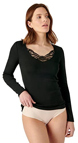 Damart - T-Shirt Fine Côte Guipure Thermolactyl, Femme, Noir, Taille XL, Manches Longues