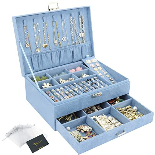 Schmuckkasten, Schmuckkästchen mit Schubladen für Damen Mädchen, Samt Schmuckbox Schmuckschatulle Groß Schmuck Organizer für Ringe Ohrringe Armbänder Halsketten, Blau