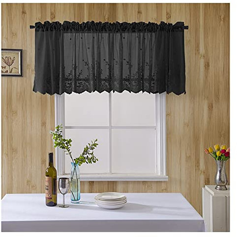 Yurosiay Spitze Scheibengardinen Vintage Halbtransparent Kurz Vorhänge Kleine Gardinen Halb Gardinen Bistrogardine Stickerei Scheibengardine für Wohnzimmer Schlafzimmer Küche Schwarz 137×61cm