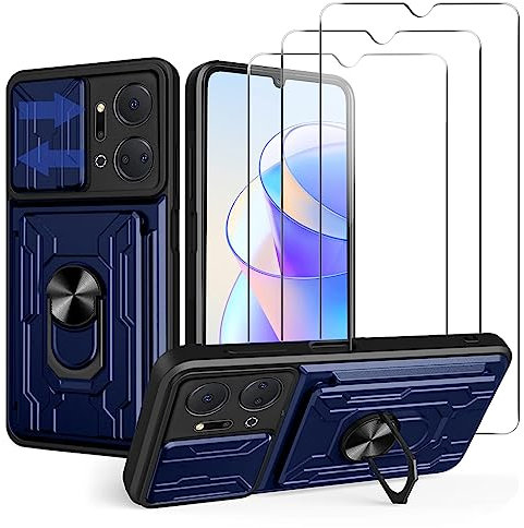 KZIOACSH Coque Honor X7a avec 3 Verre Trempé,Heavy Duty Antichoc Bumper Housse,Couvercle de caméra à glissière+360°degrés Béquille à Bague de Rotation,Bleu