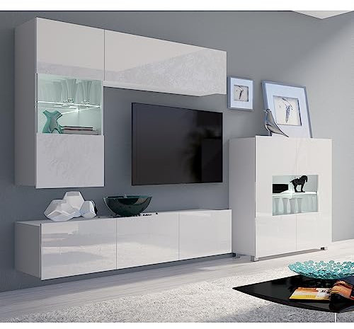 Lomadox Wohnwand Anbauwand weiß Hochglanz 4-teilig Modern, mit 1 TV-Lowboard, 1 Hängeschrank, 1 Hängevitrine, 1 Highboard