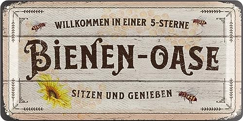 LANOLU Retro Blechschild BIENEN-OASE Schild - Blechschilder Garten mit Sprüchen - nostalgische Dekoration als Gärtner Geschenke - retro Deko vintage Metallschild Garten in Holz Optik 16x32cm