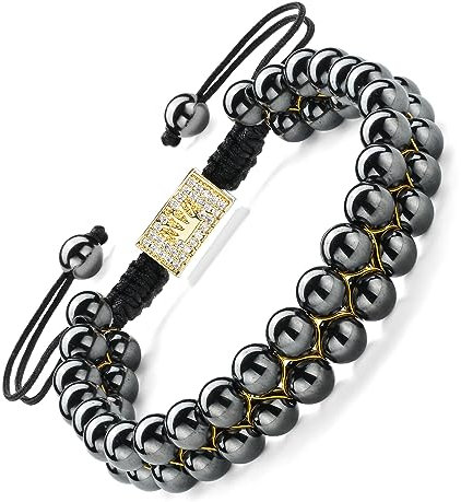 EUMENIDES Hämatit Magnetarmband,18K Gold Magnetarmband,Magnetische Hämatit Armbänder mit 18K Goldperlen,Beseitigen Sie statische Elektrizität (Magnet mit doppelter Stärke, 6MM)