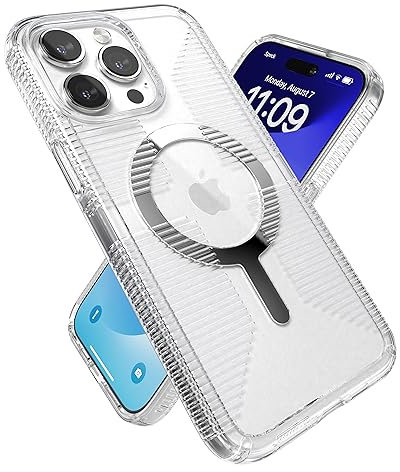 Speck Transparente Schutzhülle für iPhone 15 Pro Max – Schlank, gebaut für MagSafe, Fallschutzgriff – Kratzfest, vergilbungsfrei, 16,7 cm (6,7 Zoll) – GemShell Grip Clear