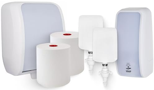 Blanc Hygienic Waschraum Set: Handtuchrollenspender AUTOCUT + 2 TAD Handtuchrollen + Schaumseifenspender Sensor + 2 Kartuschen Farbe Weiß