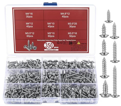 350 Pz Viti Autofilettanti a Testa Piatta, Viti Autoperforanti a Testa Rondella, M3, M3,5, M4, M4,8 Viti Legno Testa Croce, Kit Viti Autoforanti Testa Tonda Assortimento Kit per Metallo Legno