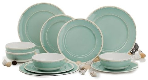 FLAMEFIELD TIFFANY 12Einteiliges Melamin-Geschirrset – Vintage-inspiriertes Ess- und Picknickgeschirr für den Außenbereich, elegantes grünes und blaues Geschirr, Grillen und Gartenpartys