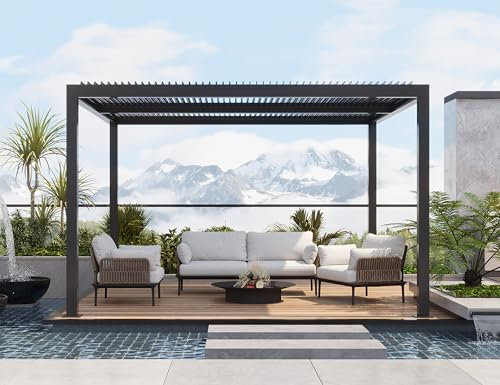 PURPLE LEAF Pergola 3.65 x 3.65 m mit Lamellendach Freistehend Terrassenüberdachung Verstellbaren Aluminium-Lamellen Hardtop Pavillon Wasserdicht Stabil Winterfest, Grau