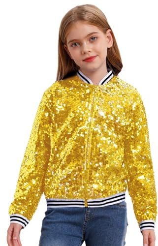 dPois Mädchen Glitzer Jacke Oberteil Pailletten Bomberjacke Sweatjacke Ohne Kapuze Zipper Baseball Jacke Kinder Teenager Kleidung Gold 134-140