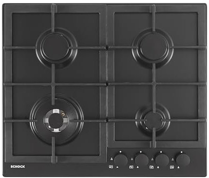 SCHOCK | Piano Cottura 4 Fuochi Gas Professional PC60 con Manopole Nere Opache Soft Touch, Griglie in Ghisa, Valvole di Sicurezza, Nero Opaco, 585x500 mm