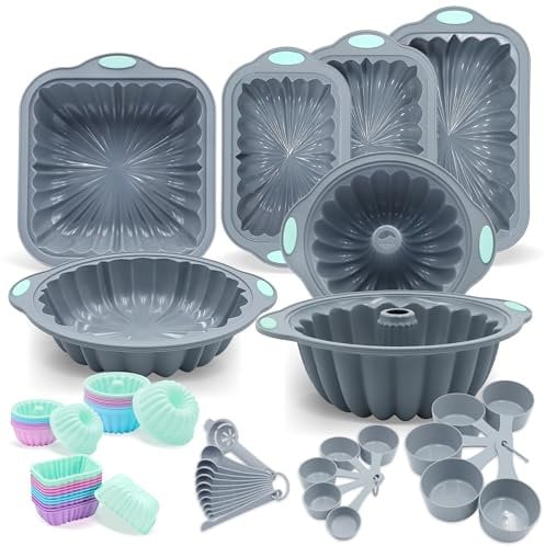 To encounter Set di 65 teglie da forno in silicone, con cornice in metallo, antiaderenti, scanalate, per muffin, torte, pane, con misurini e cucchiai, grigio chiaro