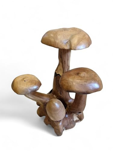 Kinaree 4er Wurzelholz Skulptur Pilz - Teak Massivholz Figur Pilz Geflecht - 78cm große Garten Dekoration Skulptur handgefertigt