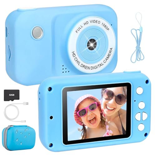 Kinderkamera inkl.Tragetasche 2,4 Bildschir 1080P HD Kinder Kamera 32G SD-Kart Selfie Digitalkamera Geschenke für 3-12 Jahre Jungen und Mädchen für Geburtstagsgeschenk Weihnachten Spielzeug (Blau)