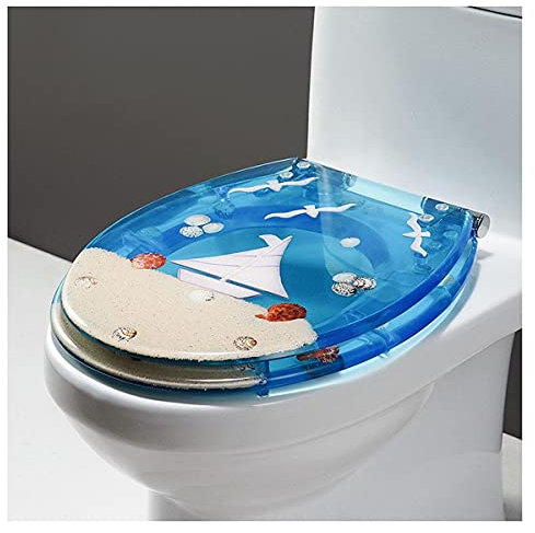 NIKSHI Ocean Series Art Slow Close Resin Toilet Seat with Cover, 3D Effects Heavy Duty Toilet Lid with Dolphin, Starfish, Real Seashells and Sands for U/V/O Type Toilet,#1-Closed