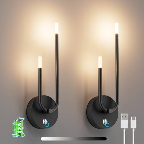 Aipsun Lot de 2 Appliques Murales LED avec Batterie Intégrée Noire, Sans Fil, Rechargeable 6000mAh, 6 W, Tactile 3000K Lumière Chaude, Design Moderne pour Chambre à Coucher, Couloir, Escalier(42 cm)