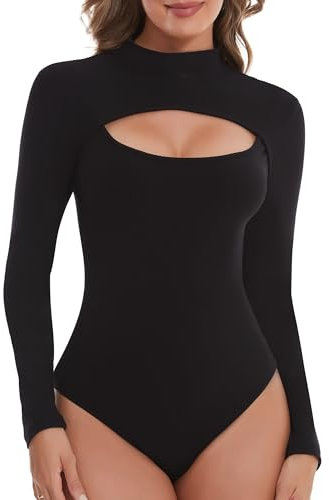 SHAPERIN Women’s Bodysuit Long Sleeve Mock Neck Body Suits Slim Fit Leotards Jumpsuit Top Sexy Cutout Front Black Long Sleeve L
