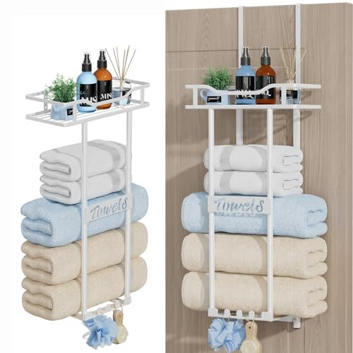 HapiRm Over Door Towel Rack - Towel Rack Wall Mounted with Metal Shelf Basket and Hooks, Space-Saving Bathroom Towel Storage, Multi-Functional Bathroom Accessories, White