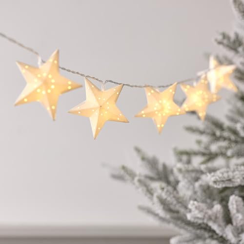 Lights4fun 10er LED Stern Lichterkette mit Timer Sterne Papier batteriebetrieben Weihnachtsbeleuchtung innen Weihnachten Stern Deko Weiß Weihnachtsdeko