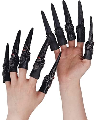 10PCS Halloween Claw Nail Ring, Scary Halloween Spider Skeleton Artificial Witch Long Finger Nails Claws Halloween Costume Accessories (Black) Fake Nails Ring