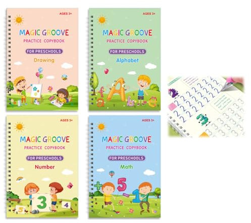 Magisches Heft, Magische Übungshefte, Handschrift Workbook, Wiederverwendbares Kopierbuch, Magisches Kopierbuch, fur Kinder im Alter von 3-8 Jahren, Grooved-Vorlage, 4 Bücher, 26 x 19 cm
