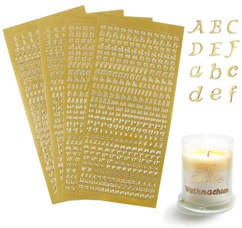 Buchstaben Aufkleber Set für Kerzen, 4 Stück Verwendet für die Beschriftung mit Groß- und Kleinbuchstaben, goldene dekorative Aufkleber, geeignet für DIY Bastel Scrapbook Kerzen