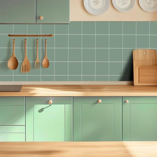 Alwayspon Adesivi per piastrelle, 50 pezzi x 15 cm, colore verde salvia, autoadesivi, per bagno, cucina, paraschizzi, adesivi da parete in vinile