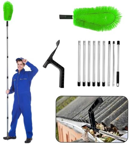 2-in-1 Gutter Cleaning Tools, 320cm Telescopic Gutter Cleaner with 9-Section Pole,Extendable Gutter Cleaner Set with Gutter Brush & Leaf Shovel, Gutter Brush Scoop for Cleaning Leaves/Debris/Spider