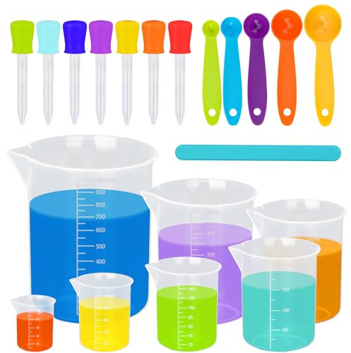 20PCS Measuring Cups with Spoons and Droppers Set, Plastic Measuring Jug Labs Graduated Beakers, Multipurpose Liquid Mixing Cups for Kitchen DIY Classroom Science Measurement Activities