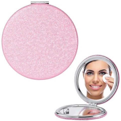 1 pièce de miroir de poche portable PU, 72mm compact et délicat miroir pliant pour sac à main, voyage, maquillage (rond rose)