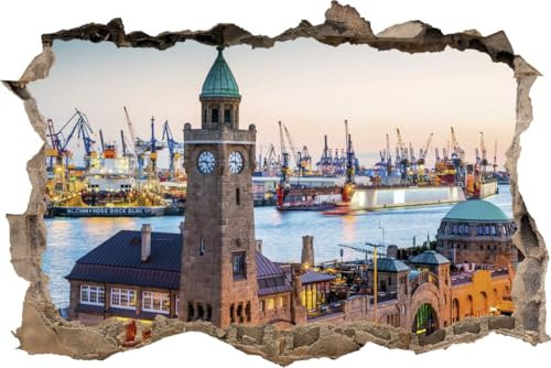 DesFoli Wandtattoo Landungsbrücken Hamburg - verschiedene Rahmentypen DW000061 Farbe Brauner Stein Querformat, Größe 150 cm x 100 cm