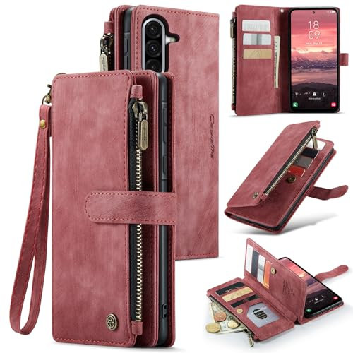 UEEBAI Étui Portefeuille pour Samsung Galaxy A36 5G, Fait à la Main en Cuir PU avec Emplacements pour Cartes Fermeture Magnétique avec Hand Strap Poche à Fermeture éclair et Béquille Portable, Rouge