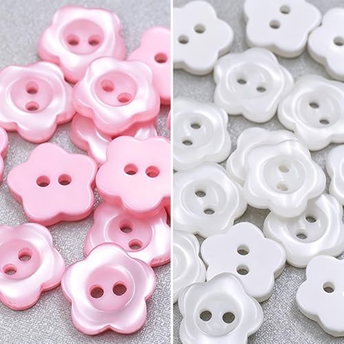 100 Pcs Pearlescent Buttons, Flower Resin Button, 2 Hole, White+Pink | Sewing Buttons, for Baby and Kids Knitting Cardigans DIY Handmade Sewing Crafting Decoration