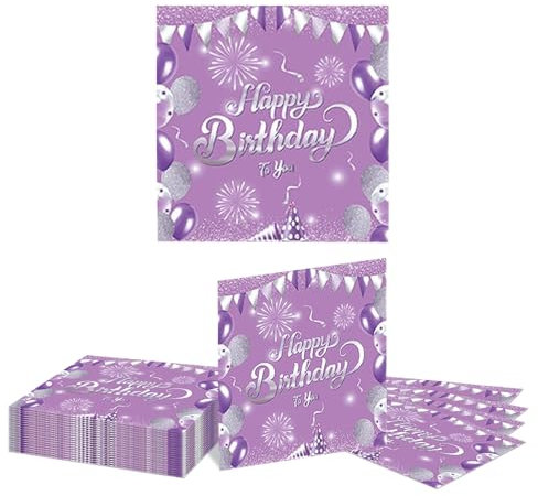 GlamRays 20 Stück Happy Birthday Servietten Lila und Silber Thema Einweg Papier Servietten für Dinner Picknick Cocktail Geburtstags Party Bedarf Dekorationen für Männer Frauen(Lila)