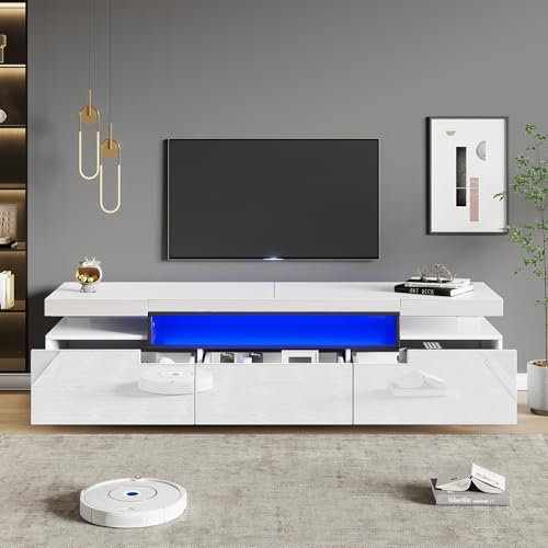 Merax Meuble TV blanc brillant avec LED, 160 x 39 x 42 cm, espace pour téléviseur de 70 , 3 tiroirs, meuble TV au design moderne