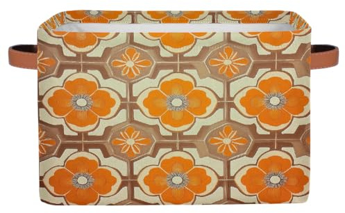 Mexpekil Storage Boxes for Shelves with Handle Collapsible Cube Storage Baskets Retro Orange Floral Pattern Fabric Shelf Baskets Toy Storage Organiser for Home Nursery 1PC