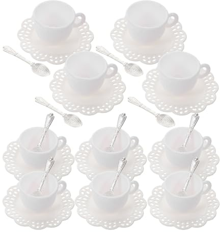 VANZACK 10 Sets Realistic Mini Coffee Cup Model Plastic Dollhouse Mug White Tea Cups With Saucers And Metal Spoons Kids Pretend Play Doll House Toys Fairy Garden Decoration