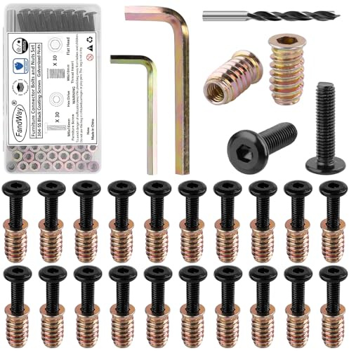 FandWay 30 Sets M6x16mm Furniture Screw Nut,M6x10mm Threaded Inserts for Wood,Connector Bolts and Nuts Set,Flat Head Allen Screw-in Nuts,Hex Socket Drive with Wrenches and Drill Bit.