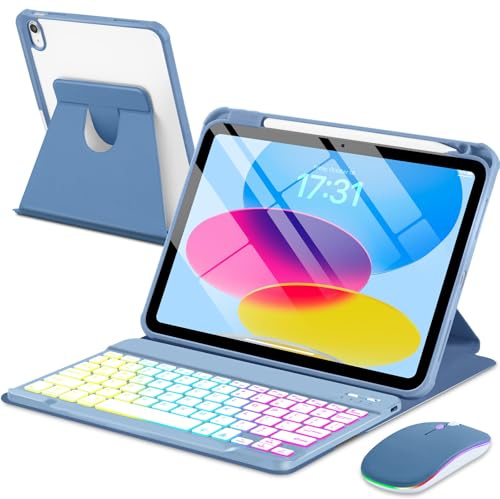 EAMPANG Custodia con tastiera e mouse per iPad A16 11a 10a generazione 11/11, tastiera rimovibile retroilluminata arcobaleno Cover magnetica girevole con portamatite per iPad 11 2025 10 Gen 2022 Blu