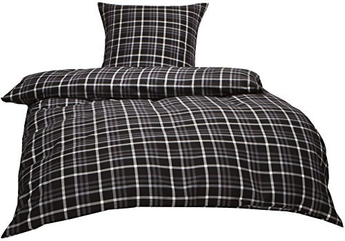 Bettwaesche-mit-Stil Mako Twill Bettwäsche schwarz weiß karo kariert 100% Baumwolle (155x220 + 80x80 cm)