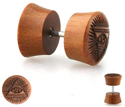 Treuheld® | HOLZ OHRSTECKER mit PYRAMIDE und AUGE zum Schrauben - Braun Dunkelbraun - 2 Größen - Fake Plug - Organische Motiv OHRRINGE Herren & Damen & Kinder & Männer Ohr FAKE TUNNEL Piercing STECKER